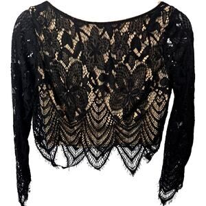 Guess Black Floral Lace Knit Crochet Long Sleeve Cropped Blouse Size Small